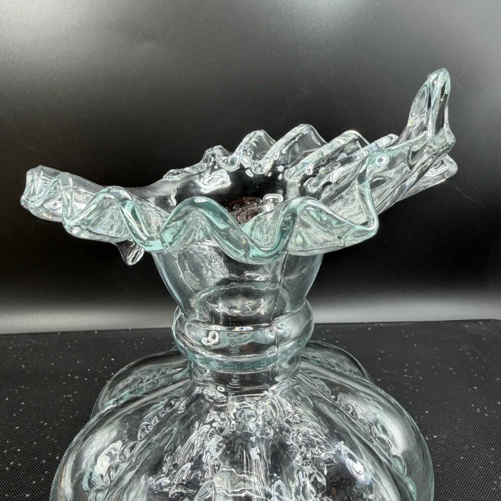 Clear Glass Ruffled Vase Hobnail Lobed Pumpkin‎ Base Heavy 8 Inch Vessel VTG